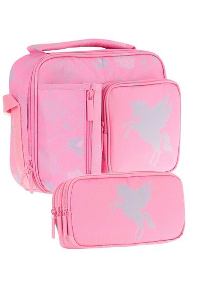 KAUKKO Kids Girl's Pink Cloud Patterned Three Compartment Lunch Box and Pen Holder Set (L7218+L8218)