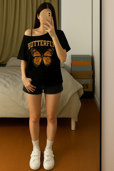 Tarzsokak قميص نسائي بأكمام قصيرة وطبعة فراشة على شكل قارب وياقة قارب 100% قطن