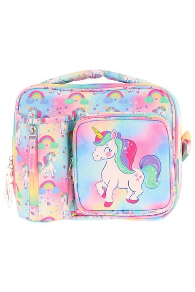 KAUKKO Girl's Multicolored Unicorn Thermal Insulated Three Compartments (Water Bottle Pocket) School Lunch Bag L7243
