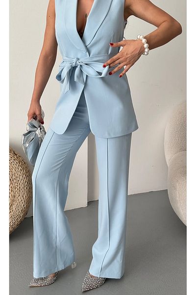 pembekurdelem Set pantaloni vestă cu guler și curea pentru damă Baby Blue