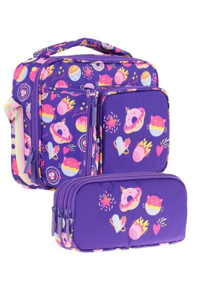 KAUKKO Kids Girl's Purple Candy Three Compartment Lunch Box and Pen Holder Se...