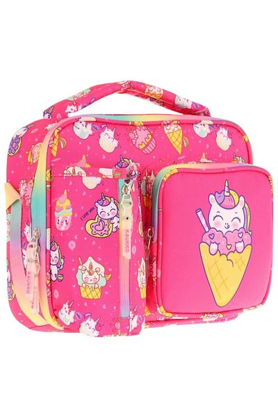 KAUKKO Girl's Red Ice Cream Patterned Thermo Three Compartment (Water Bottle Pocket) School Lunchbox L7227