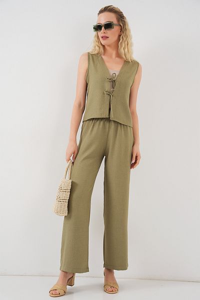 Bigdart Women's Linen Look Zero Sleeve Double Suit 6746 - Çağla