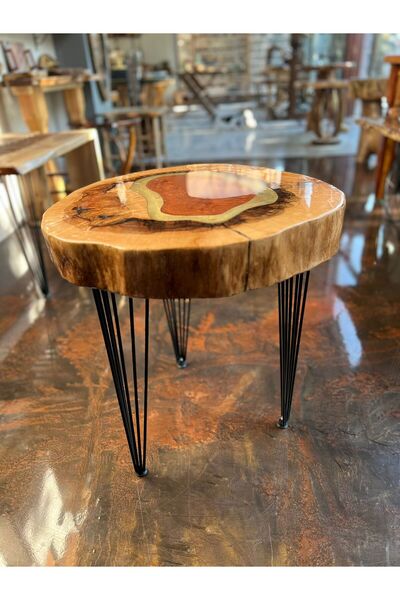 SUR AHŞAP EPOKSİ Meşe Ağacından El Yapımı Ahşap Epoksi Tekli Yuvarlak Sehpa - Açık Renk Ahşap/Parlak - 57*55 cm