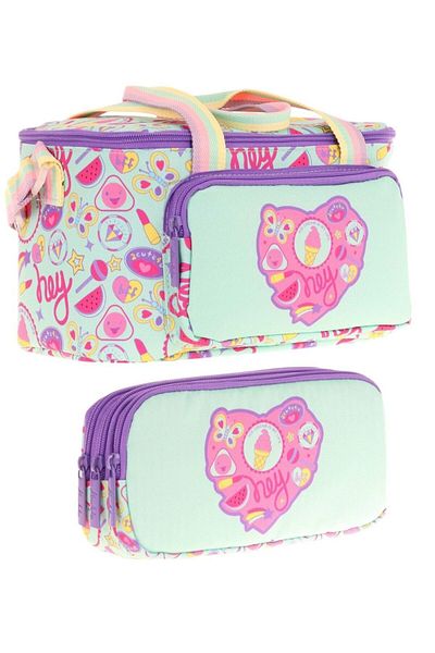 KAUKKO (L7230+L8230) Set cutie de prânz și geantă pentru creion - Fată - Model de inimă verde violet