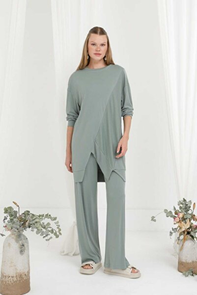 Puane Women's Almond Green Relaxed Cut Asymmetric Detailed Trousers Suit 14355