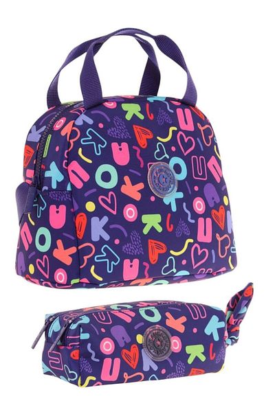 KAUKKO Brocade Navy Blue Girl's Thermal Insulated Lunch Bag and Pen Holder Set