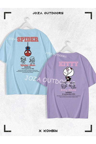 Joza Outdoors Femei Bărbați Kitty Spider Scris BACK Imprimat Cuplu Iubitori Combinație Tricou oversize Set 2 piese