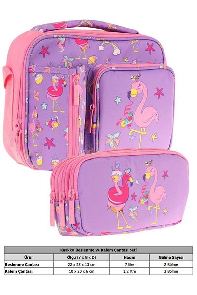 KAUKKO Kids Girl Purple Pink Flamingo Three Compartment Lunch Box and Pen Holder Set (L7240+L8240)
