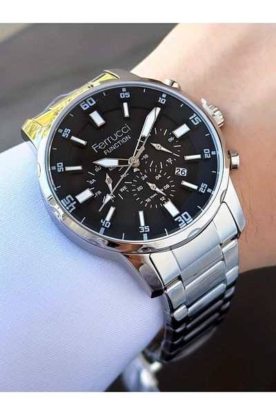 Ferrucci Men's Functions Active Silver Black Metal Cord Wrist Watch