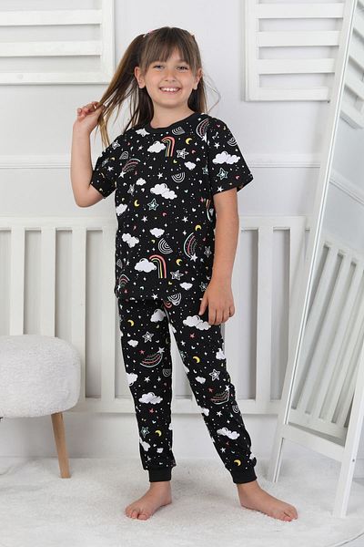 bunny hopp Set de pijamale pentru fete, 100% bumbac, cu model curcubeu, cu mâneci scurte, cu manșete, 3-8 ani