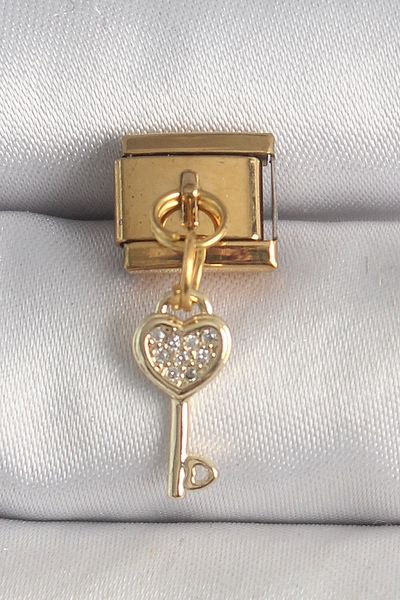 Clariss 316L Steel Gold Color Hanging Zircon Stone Heart Key Model Nomination Charm