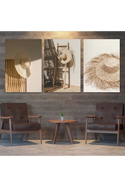 Marktna ثلاث لوحات قماشية مودرن بتصميم قبعة قش مع برواز أسود مجوف