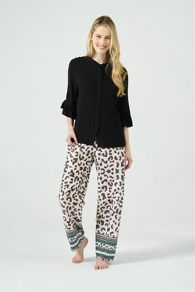 Dika 2548 Black Ecru Leopard Patterned Ruffle Shirt Trousers Set