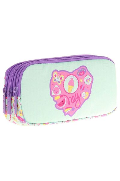 KAUKKO Kids Three Compartment Turquoise Purple, Confectionery Printed, Girls' School Pen Holder - L8230
