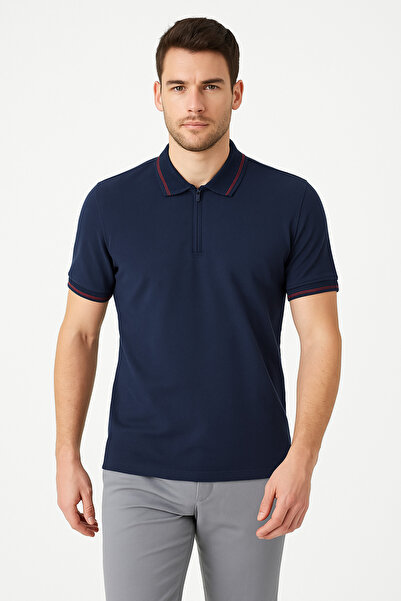 UOMOPARK 2989-2 Чоловіча футболка-поло на блискавці з коміром і червоною лінією, Regular fit, літній стильний спортивний стиль