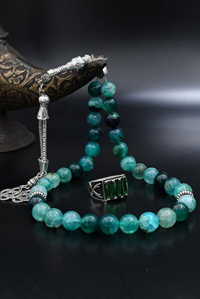 Prestige Doğal Damarlı Akik Taşlı Tesbih Ve 925 Ayar Gümüş Yüzük Zülfikar Hz....