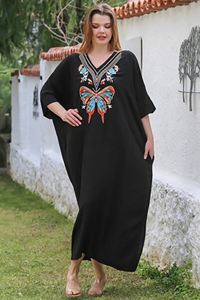 hazelin Γυναικείο μαύρο φόρεμα βισκόζης με λαιμόκοψη V με κρυφή τσέπη HZL25S-VM10461