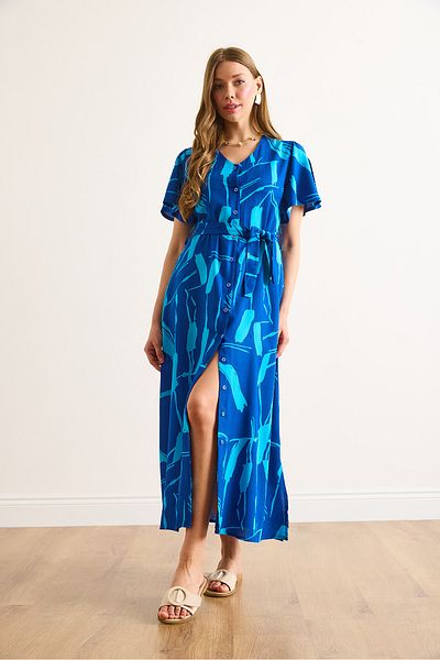 Olalook Γυναικείο φόρεμα Saks με μπλε κουμπιά με ζώνη Maxi Viscose ELB-19002382