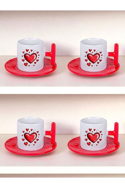 lili hediyelik Heart and Hearts Printed Set of 4 Turkish Coffee Cup Cups