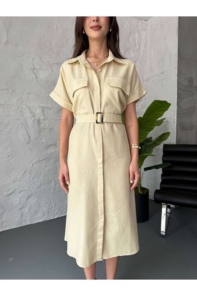 Elif Özbey Butik Ecru Full Button Slim Gabardine Dress