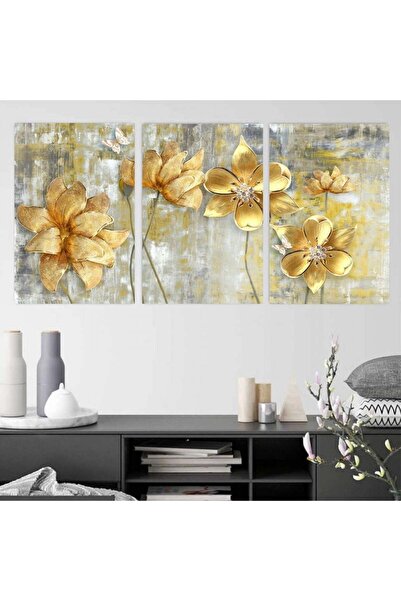 4gdran ثلاث لوحات قماشية مودرن بتصميم ورد مع برواز بني مجوف