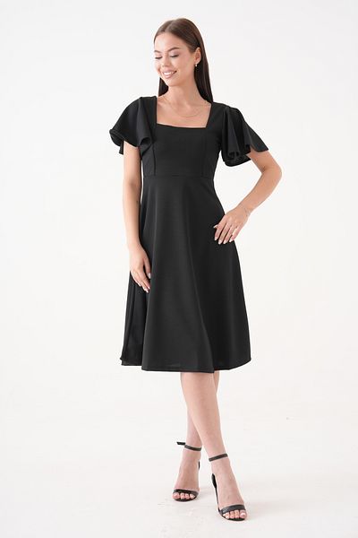 vuvutasarım New Season Sleeve Detail Flexible Scuba Crepe Fabric Square Collar Midi Length Women's Evening Dress Graduation Dress 082