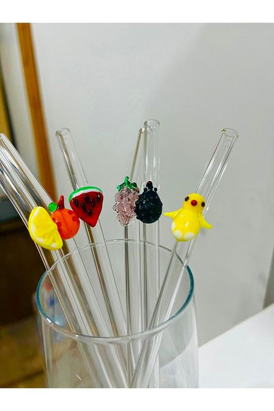 nazarboncuğu Transparent Environmentally Friendly Set of 6 Glass Straws with Glass Straw Figures