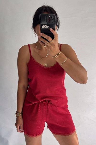 MJAMASS Red Ribbed Lace Shorts Set
