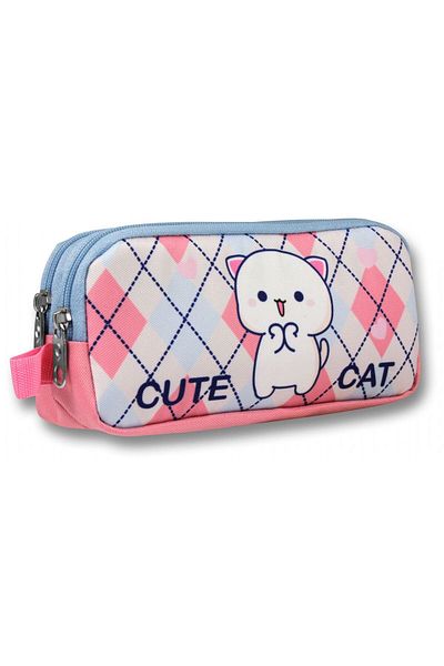 ÜMİT ÇANTA Ümit Çanta White Pink Love Cute Cat Patterned Pencil Bag - Girl - 5026
