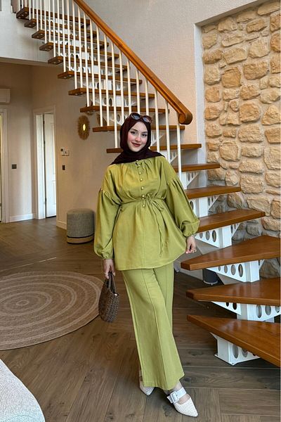 lurex moda Linen Balloon Sleeve Half Button Suit