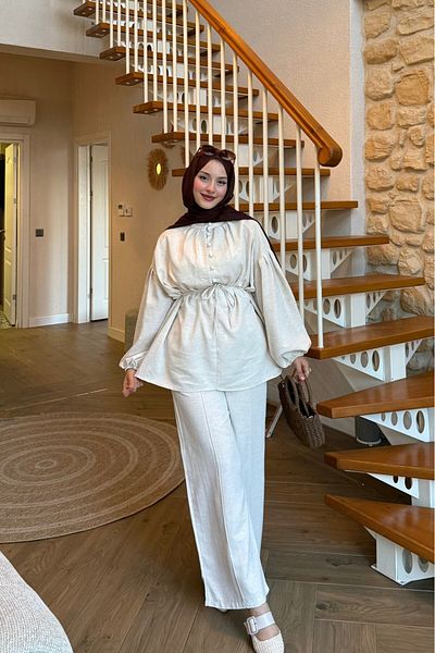 lurex moda Linen Balloon Sleeve Half Button Suit
