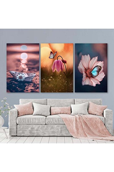 4gdran ثلاث لوحات قماشية مودرن بتصميم زهور مع برواز فضي مجوف