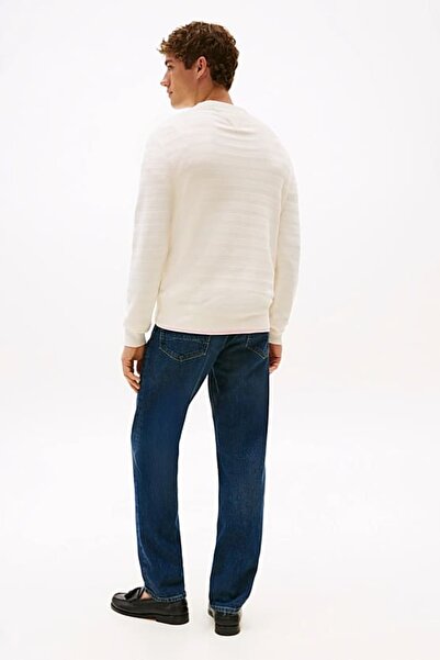 Tommy Hilfiger Erkek Dokulu Çizgili Bisiklet Yaka Triko Kazak - Krem