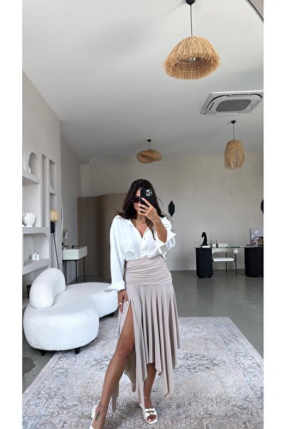 Buket Teke Beige Asymmetrical Waist Corset Effect Skirt