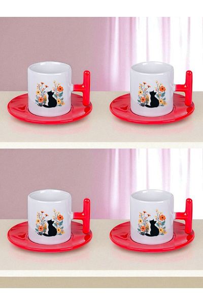 lili hediyelik Cat and Flower Printed 4-Piece Turkish Coffee Cup Set