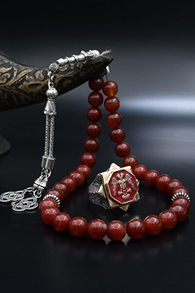 Prestige Doğal Akik Taşlı Tesbih Ve 925 Ayar Gümüş Yüzük Selçuklu Kartalı ( Ç...