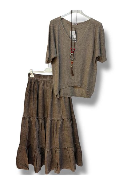 AGORATEKSTİL Women's Cotton Lined Skirt and Mercerized Blouse Combination with Necklace