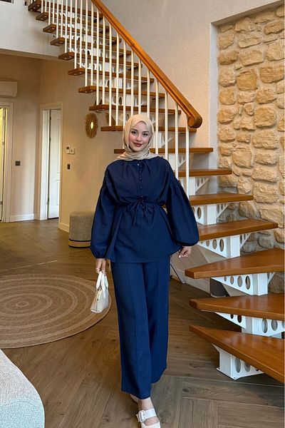lurex moda Linen Balloon Sleeve Half Button Suit