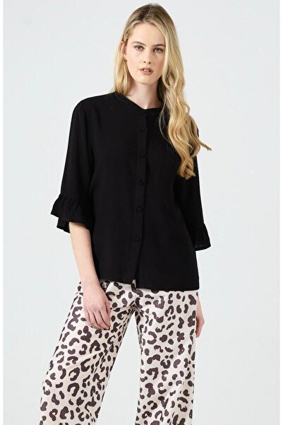 Dika 2548 Black Ecru Leopard Patterned Ruffle Shirt Trousers Set