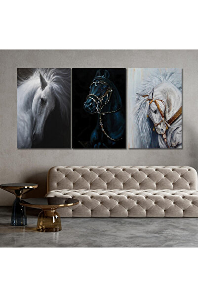 SND ثلاث لوحات قماشية بتصميم احصنة مع برواز فضي مجوف
