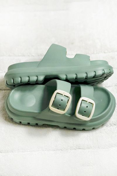 Ayakkabı Durağı Women's Daily Slippers Double Banded Adjustable Buckle Slippers Eva Soft Orthopedic Sole Green