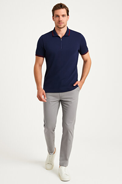 UOMOPARK 2989-2 Чоловіча футболка-поло на блискавці з коміром і червоною лінією, Regular fit, літній стильний спортивний стиль