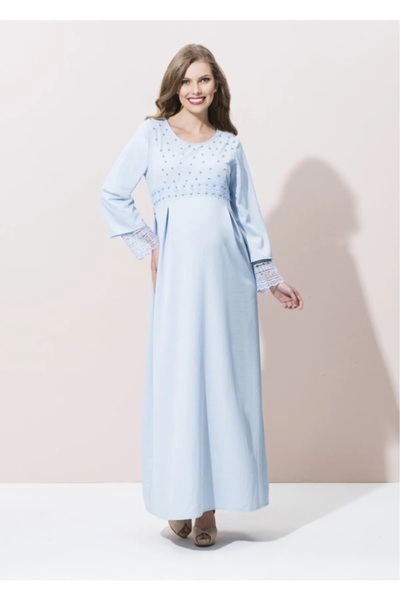 Genel Markalar Mavi Kolu Güpürlü Uzun Hamile Elbise