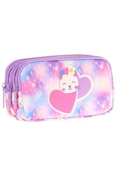 KAUKKO Kids Three Compartment Purple Pink, Cute Cat Printed, Girls' School Pen Holder - L8219