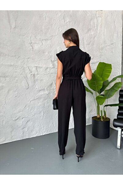 Elif Özbey Butik Siyah Dört Düğmeli Keten Tulum