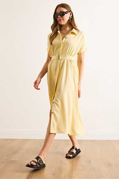 Olalook Women's Yellow Belted Hidden Placket Midi Bell Shirt Dress Elb-19002476
