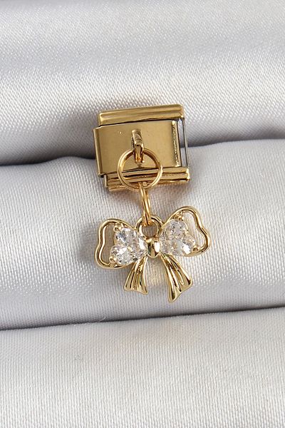 Clariss 316L Steel Dangle Zircon Stone Bow Model Gold Color Nomination Charm
