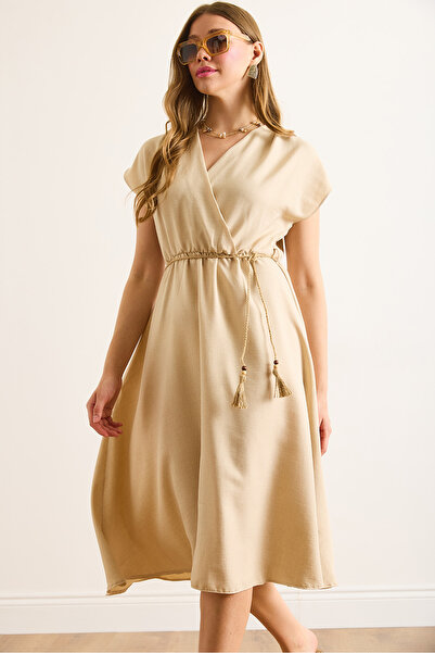 Olalook Rochie de damă bej din paie cu șireturi, talie elastică ELB-19002486