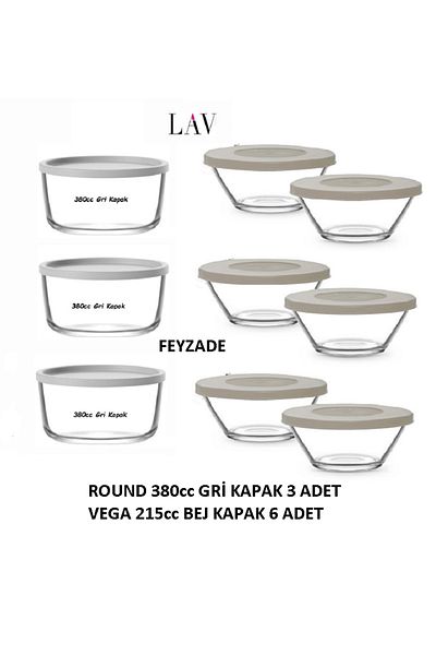 LAV Feyzade Round 380Cc Storage Container Set 3 Pcs Gray Lid - Vega 215Cc Storage Container Set 6 Pcs